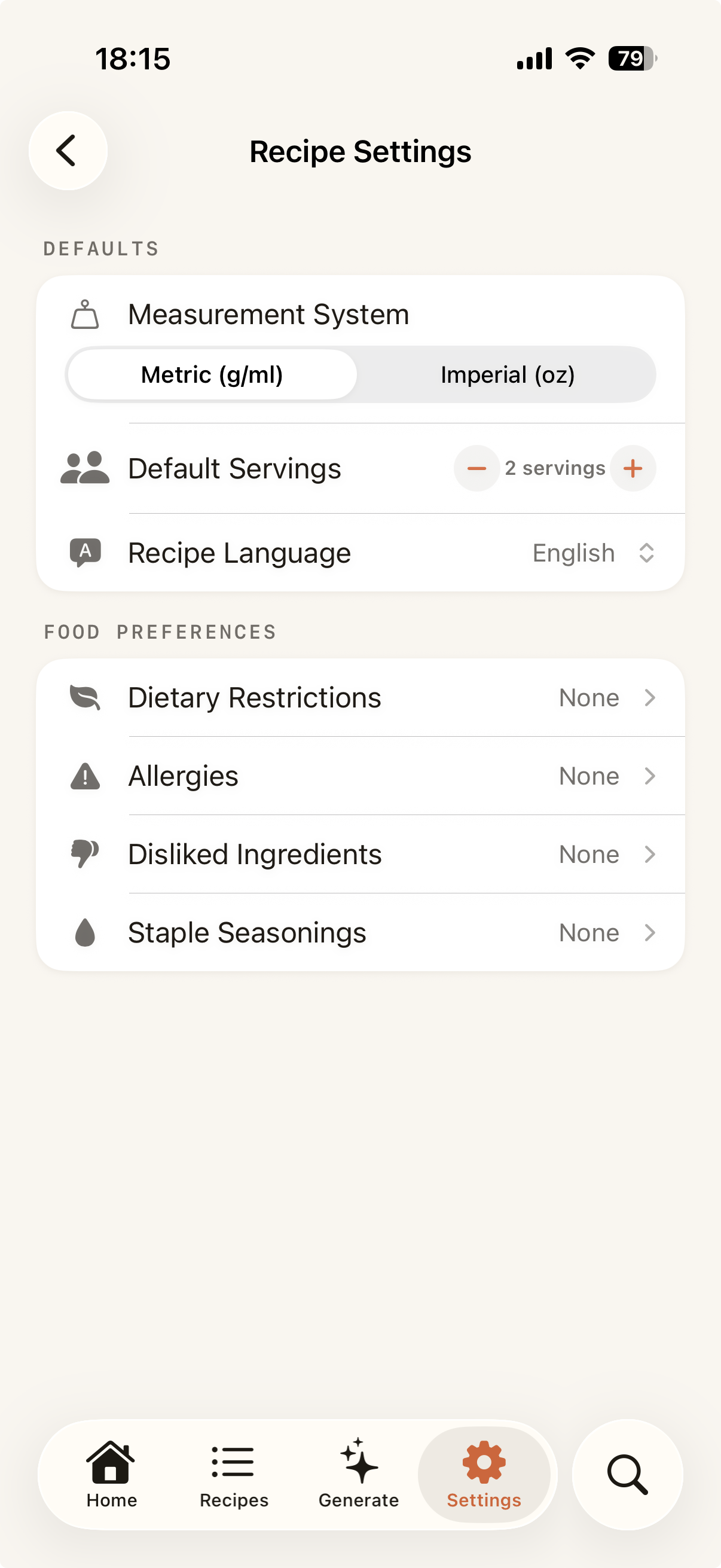 Mealio personalization settings